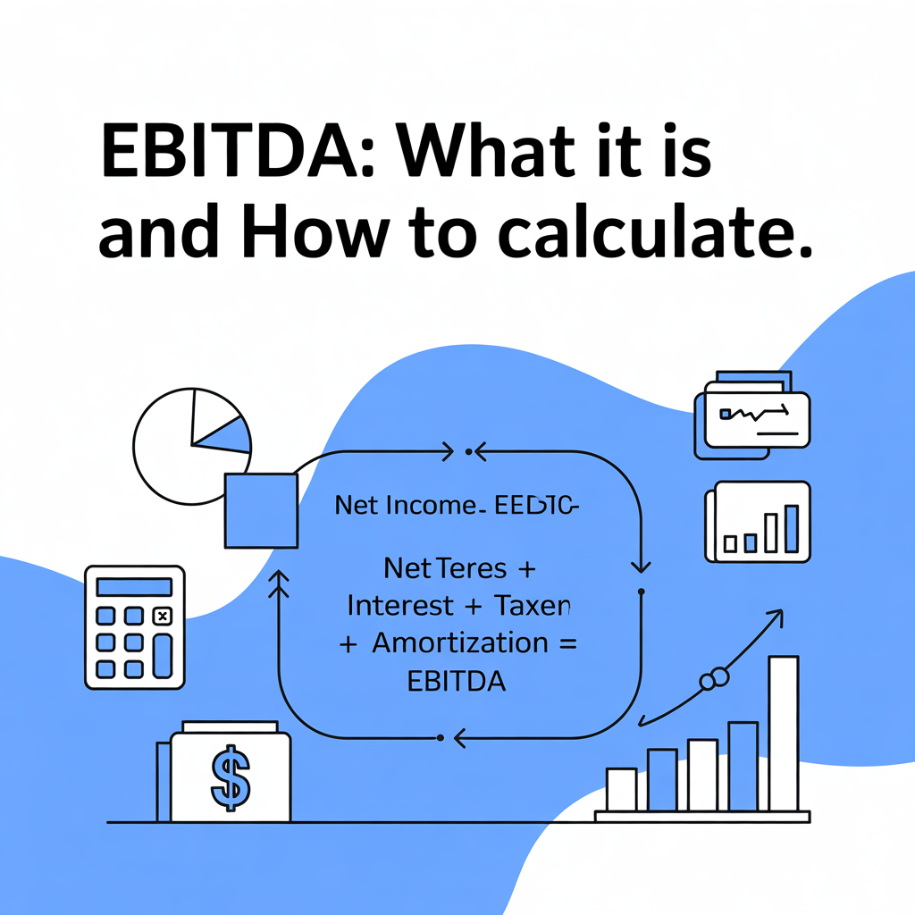 Infographic showing EBITDA calculation flow: Net Income + Interest + Taxes + Depreciation + Amortization equals EBITDA.
